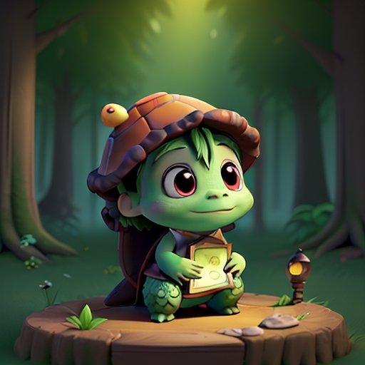 Turtle reading in magical forest