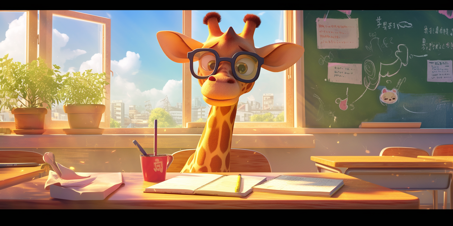 a cute funny giraffe wearing glasses teaching
