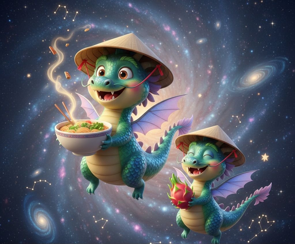 Dragons holding pho and dragon fruit